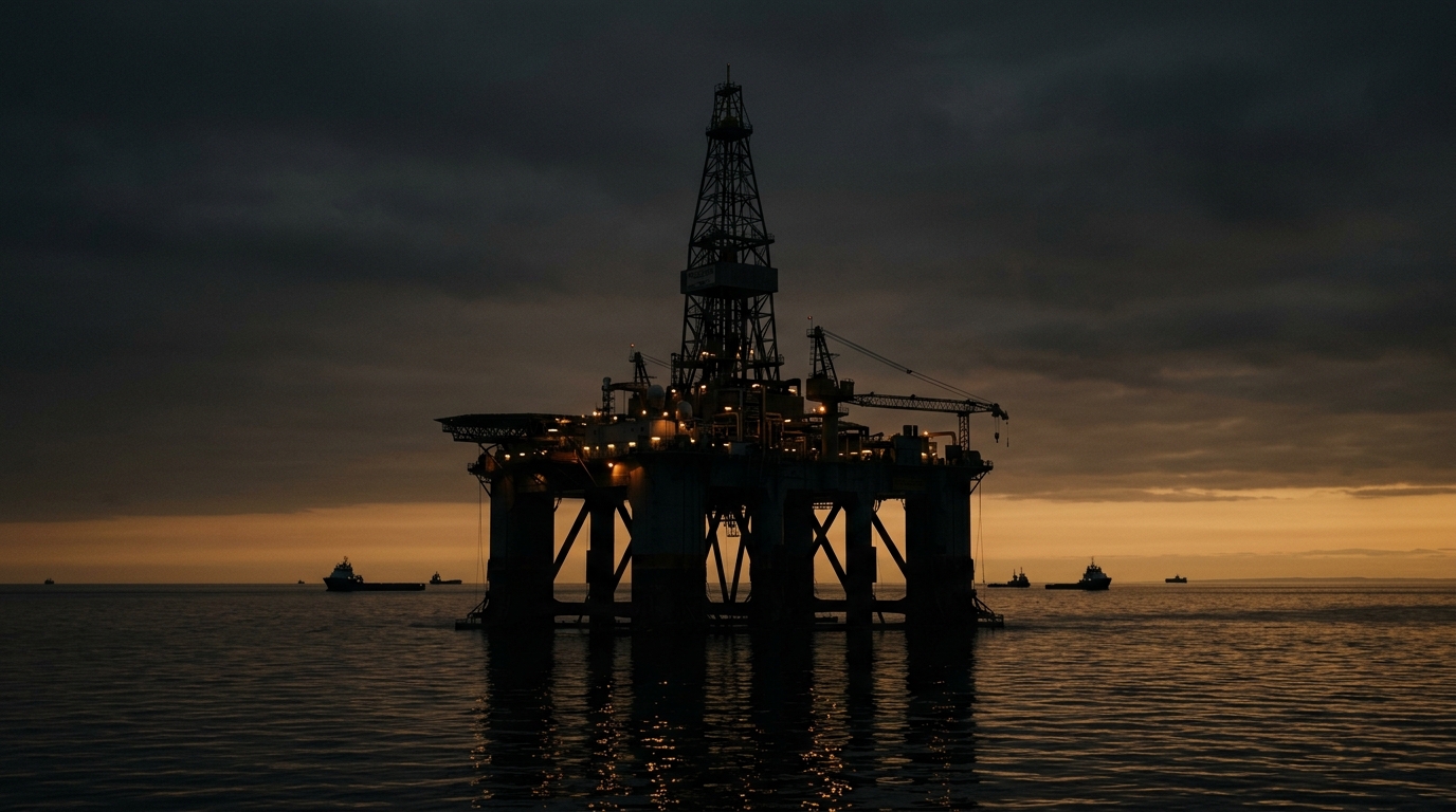 Offshore oil rig at dusk